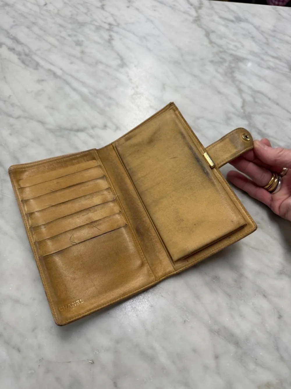 CHANEL Vintage Timeless Long Wallet in Beige Caviar Leather